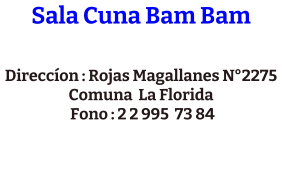 Sala Cuna Bam Bam  Direccíon : Rojas Magallanes N°2275 Comuna  La Florida  Fono : 2 2 995  73 84